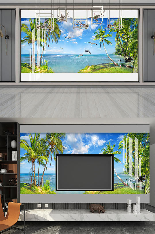 美丽海景风景画海豚湾地中海椰树客厅背景墙