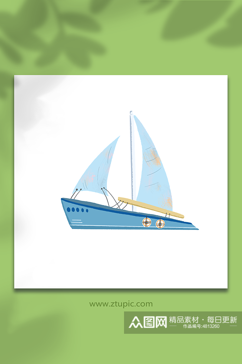蓝色轮船帆船交通元素插画素材