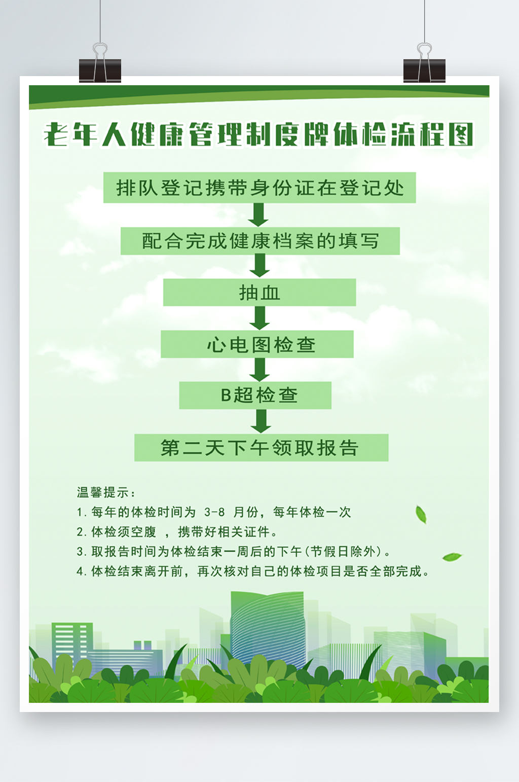 简约清新老年人健康管理制度牌体检流程图素材