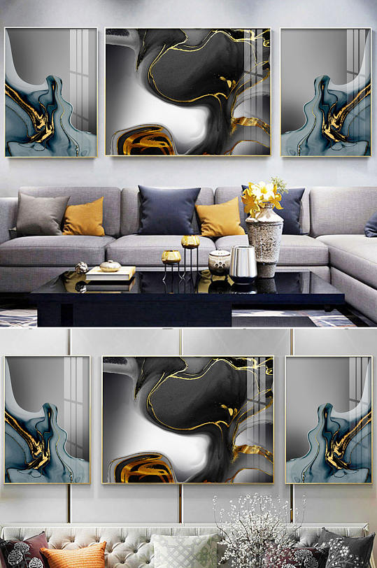 奢华后现代抽象黑白水墨烁金客厅装饰画3