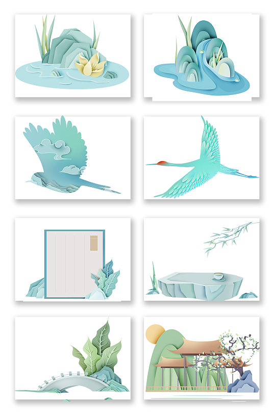 中国风素材元素 绿色山外青山楼外楼古风免扣元素8个