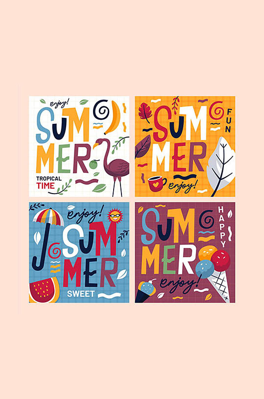 3款彩绘夏季火烈鸟卡片矢量素材