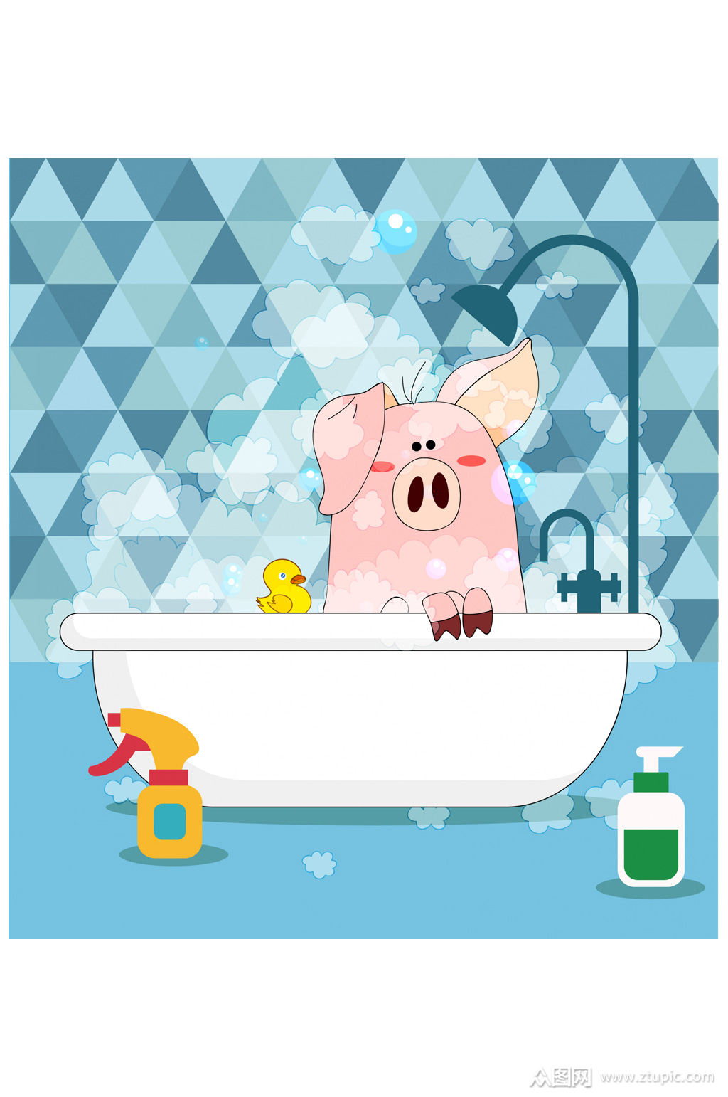 创意浴室洗澡的猪矢量素材