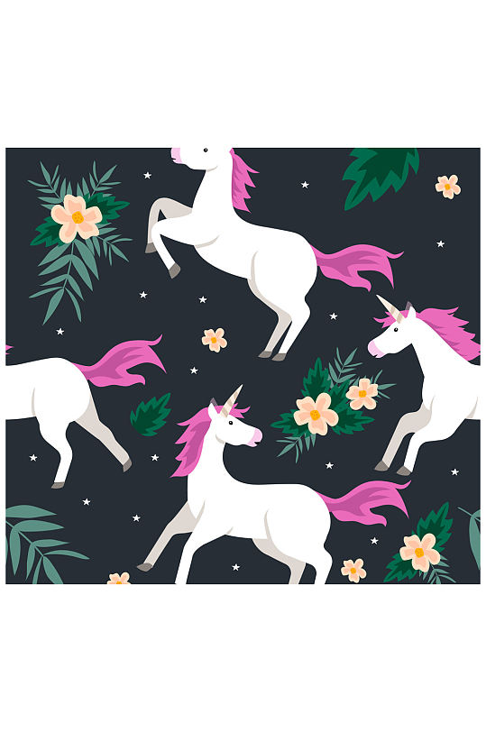 白色獨角獸和花卉無縫背景矢量圖