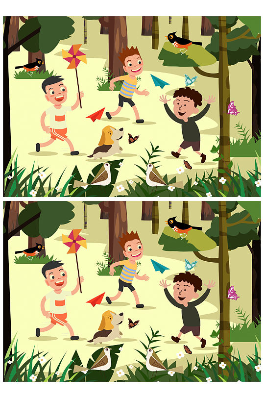 创意树林里玩耍的3个男孩矢量图