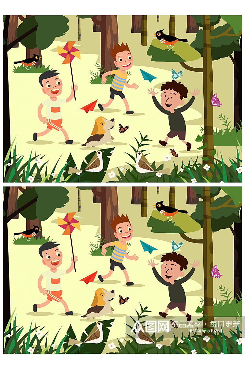 创意树林里玩耍的3个男孩矢量图素材