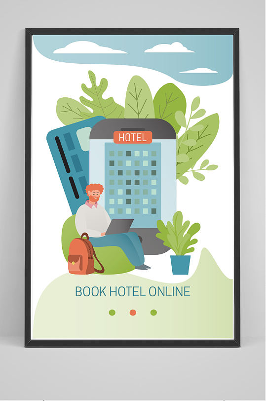 矢量卡通手机订房住宿酒店海报设计