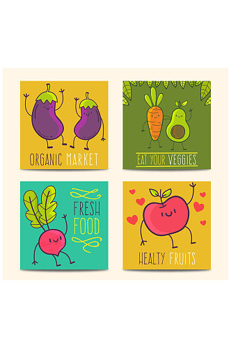 4款手绘蔬菜水果卡片矢量图