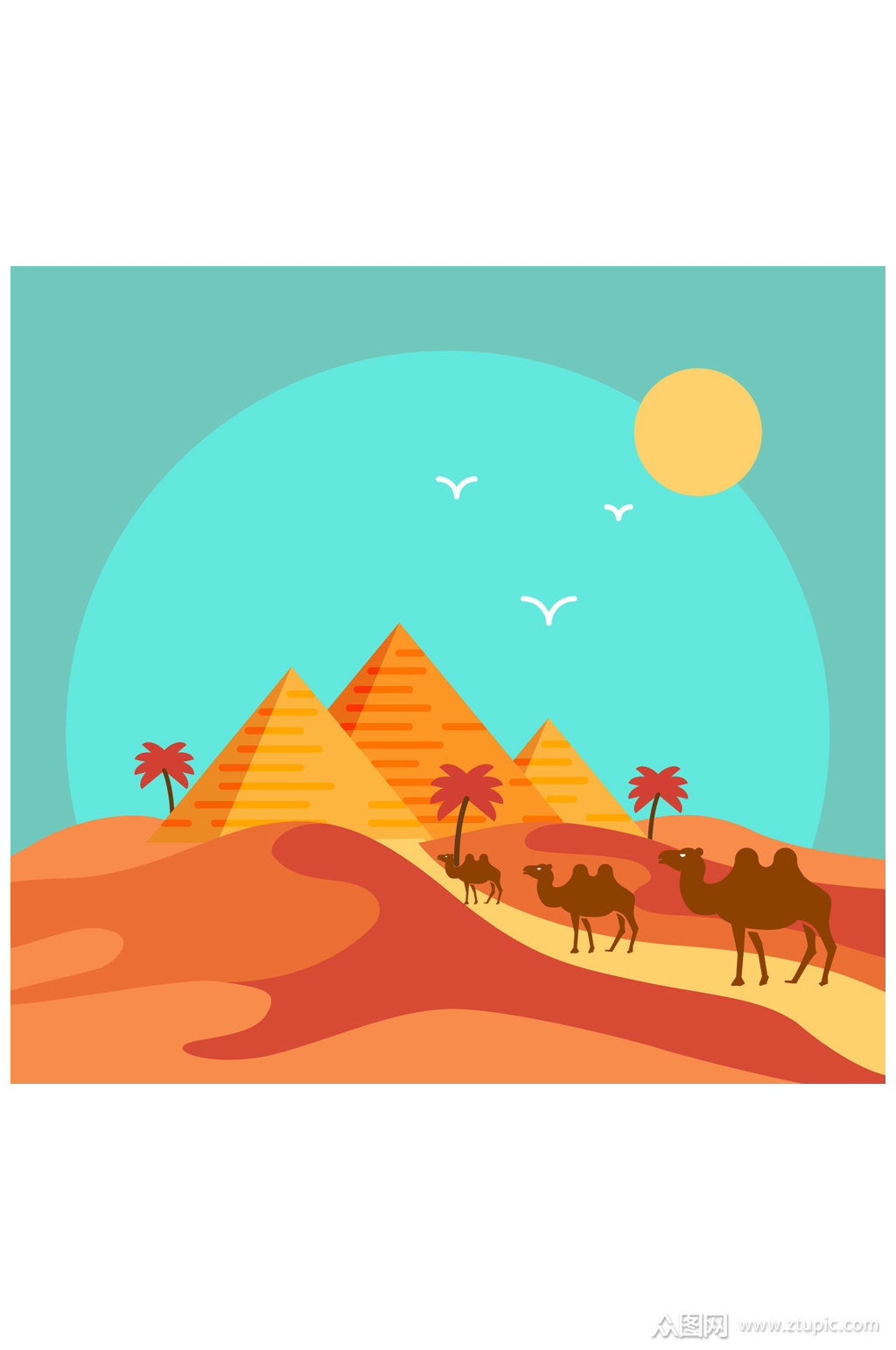 美丽沙漠金字塔和骆驼风景矢量素材