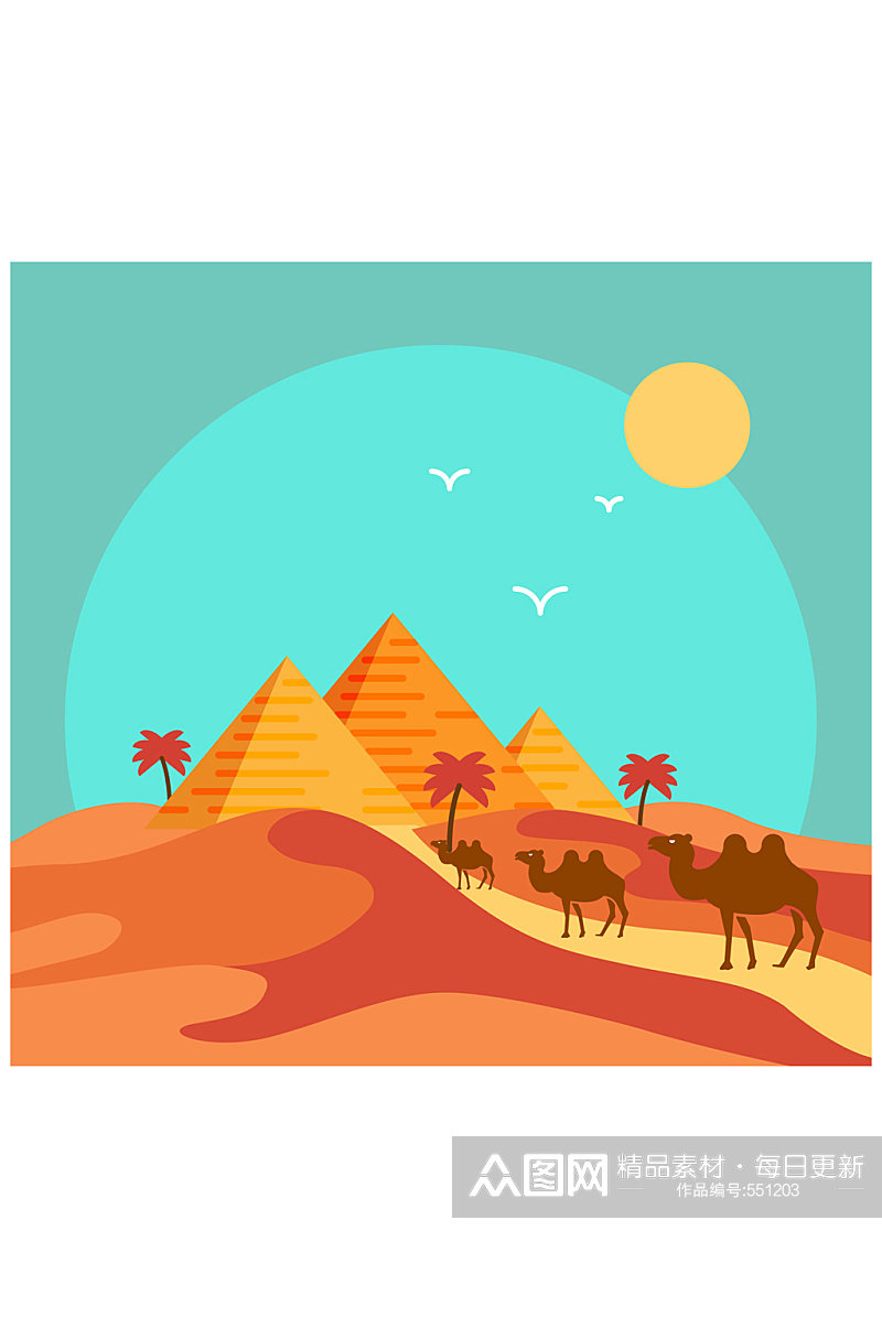 美丽沙漠金字塔和骆驼风景矢量素材素材