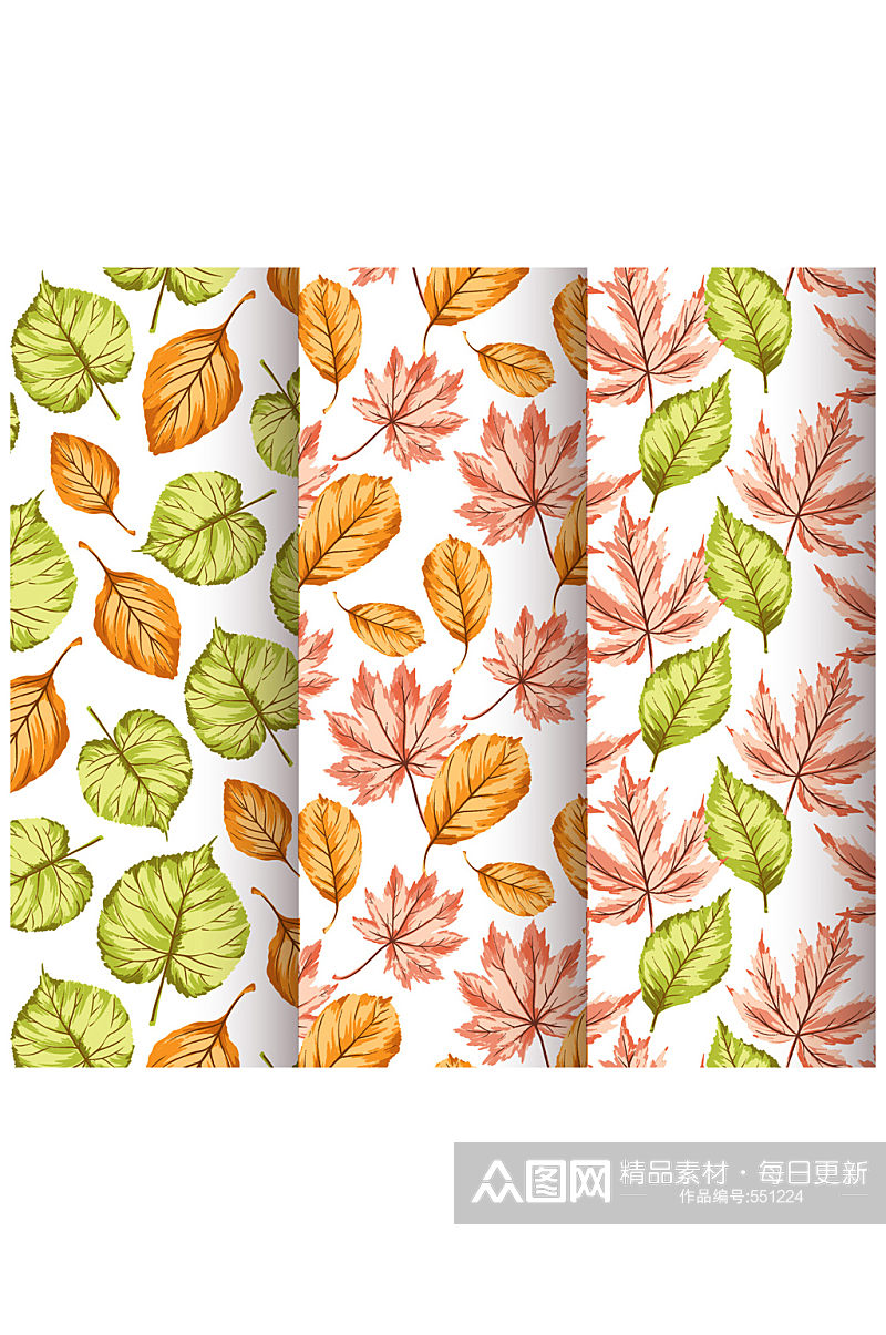 3款彩色秋季树叶无缝背景设计矢量图素材