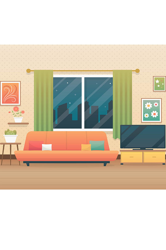创意夜晚客厅设计矢量素材