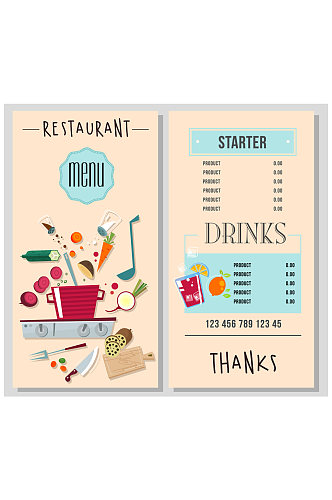 创意食材餐馆菜单正反面矢量图
