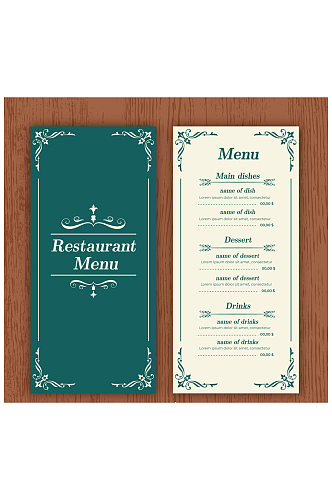 古典花纹餐馆菜单正反面矢量图