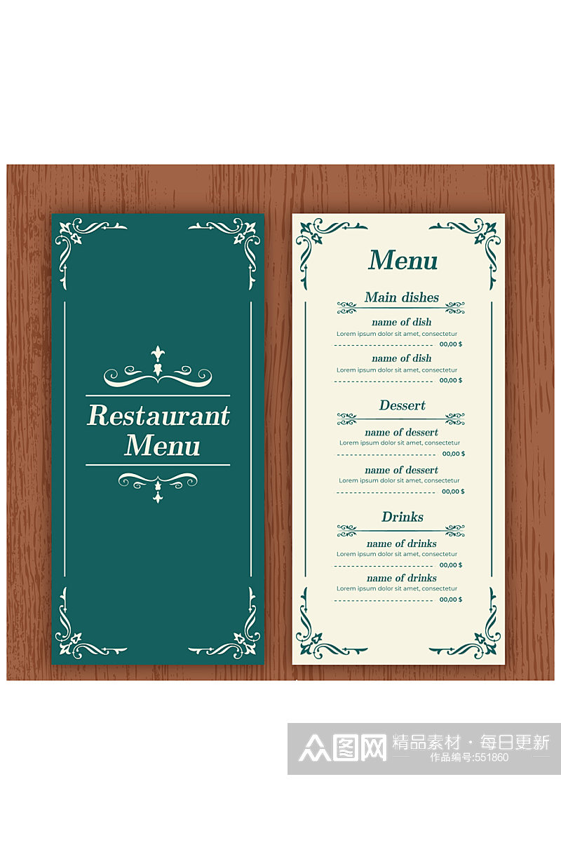 古典花纹餐馆菜单正反面矢量图素材