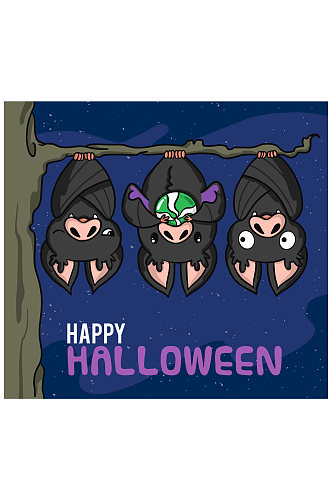 卡通万圣节倒挂的3个蝙蝠矢量图