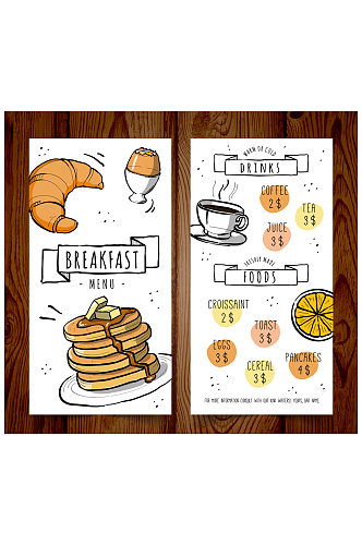 彩绘餐馆早餐菜单正反面矢量素材