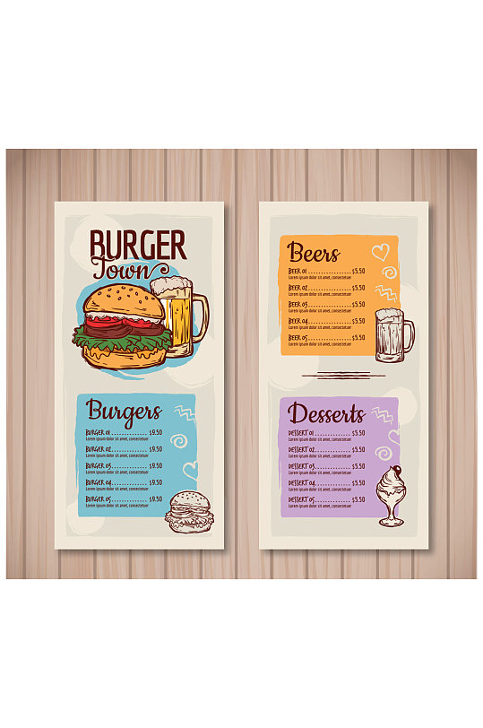 彩绘汉堡包店菜单正反面矢量素材