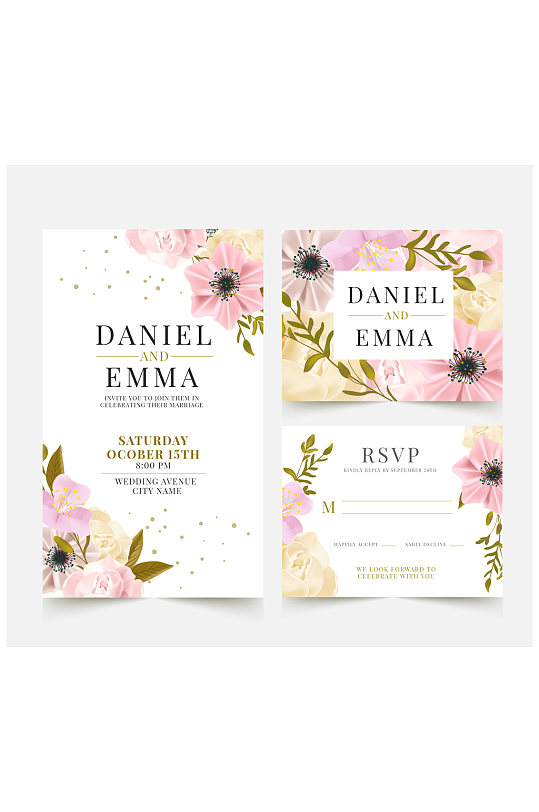 2款粉色花卉婚礼卡片矢量素材