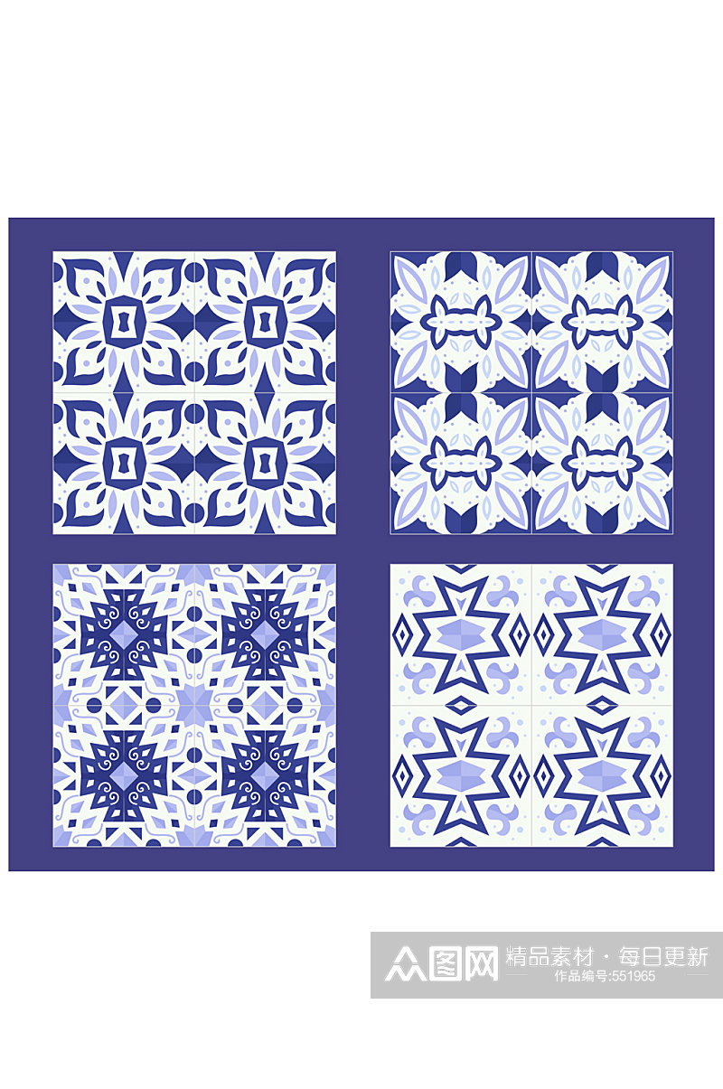 4款蓝色花纹方砖矢量素材素材