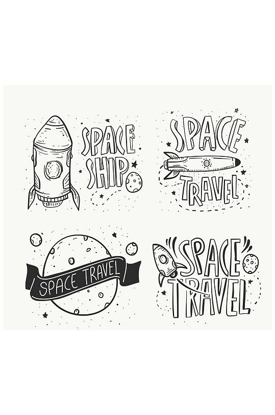 4款手绘太空之旅标签矢量图