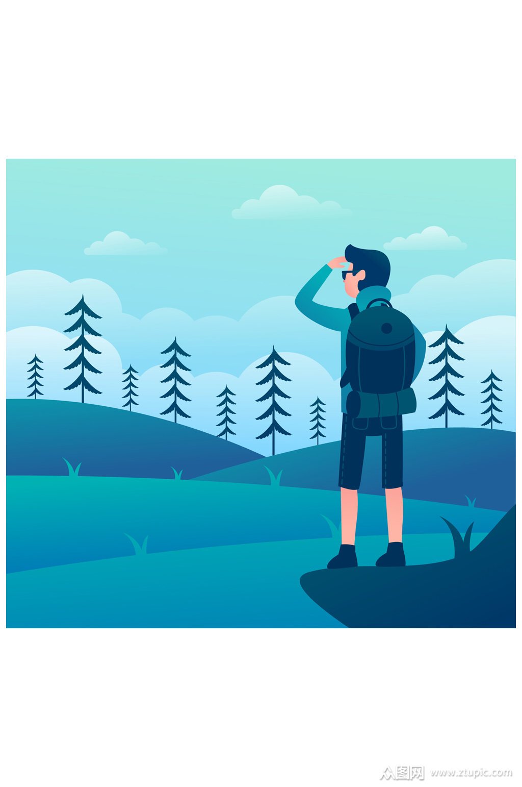 创意眺望风景的背包客矢量素材