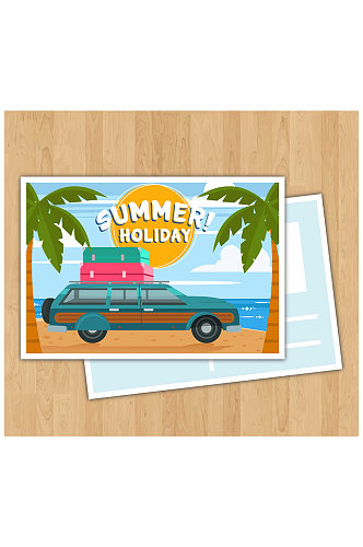 创意夏季度假沙滩明信片矢量图