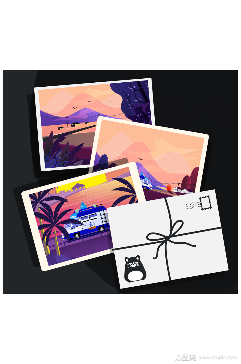 4款创意海边度假明信片矢量素材模板下载-编号554510-众图网