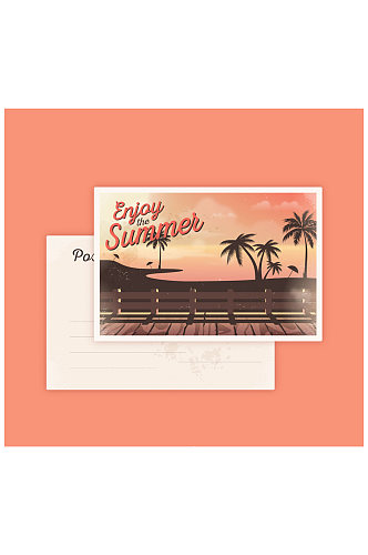 复古夏季沙滩椰树明信片格式矢量素材