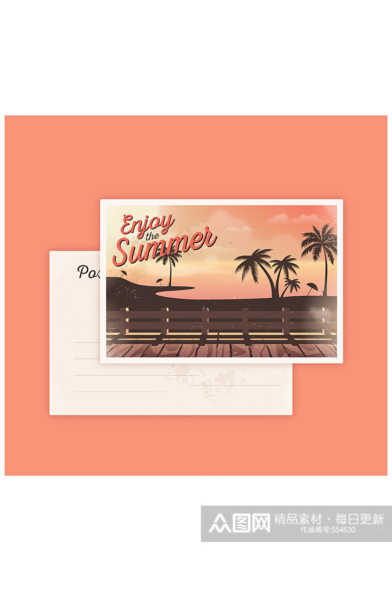 复古夏季沙滩椰树明信片格式矢量素材素材