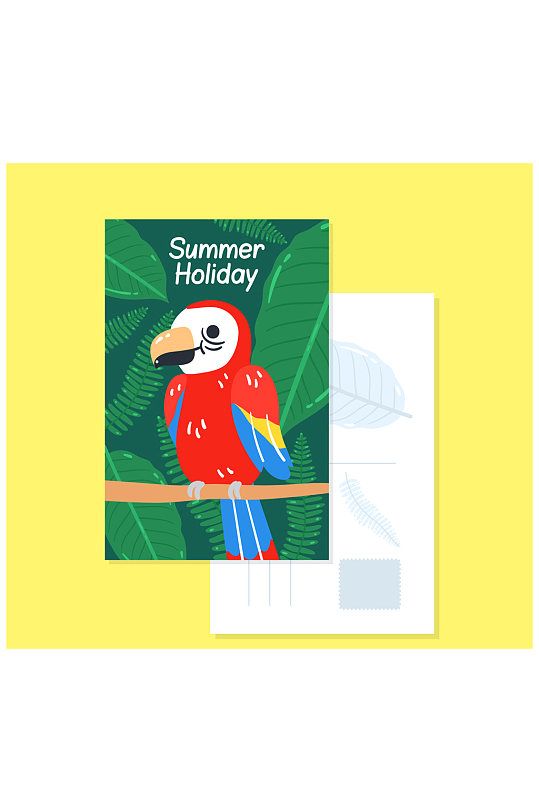 可爱金刚鹦鹉夏季假期明信片矢量图