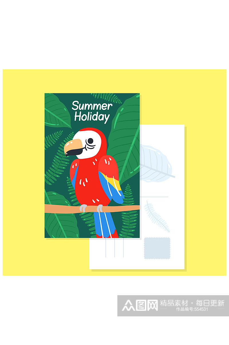 可爱金刚鹦鹉夏季假期明信片矢量图素材