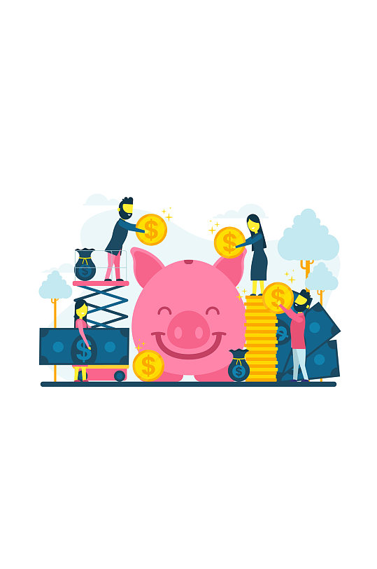 创意笑脸猪存钱罐和人物矢量图