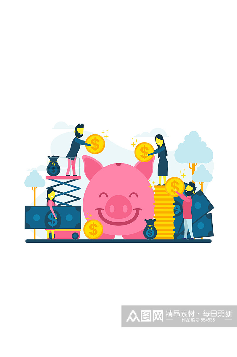 创意笑脸猪存钱罐和人物矢量图素材