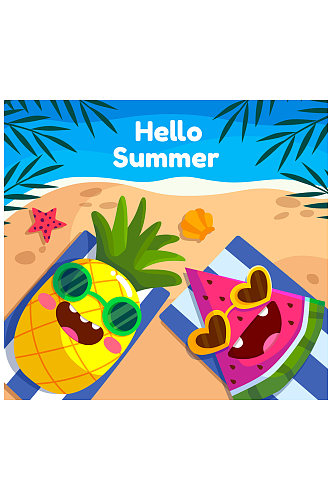卡通海边度假的菠萝和西瓜矢量图
