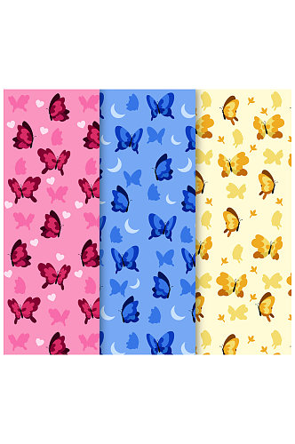3款彩色蝴蝶无缝背景矢量图