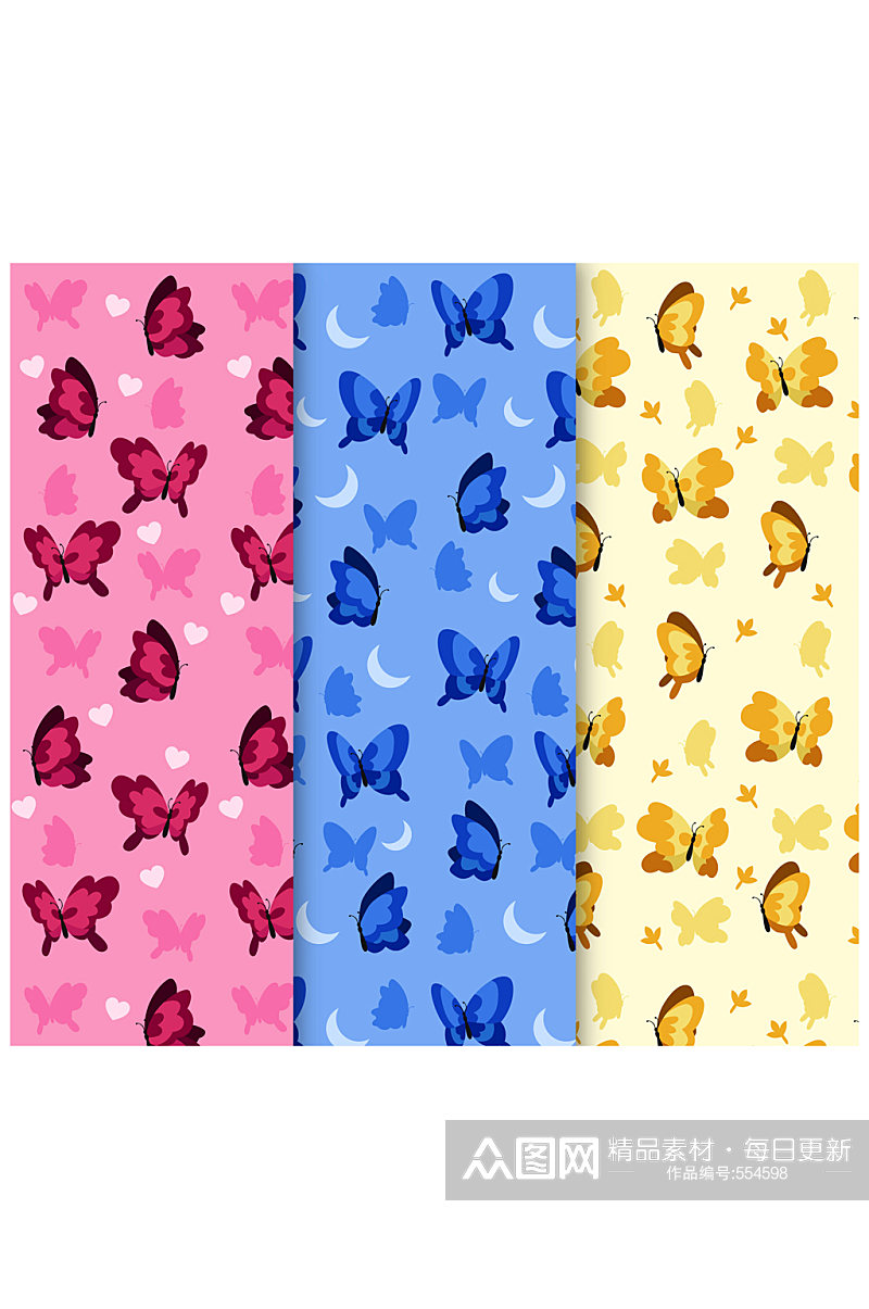 3款彩色蝴蝶无缝背景矢量图素材