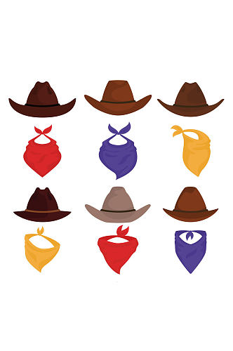 12款彩色西部牛仔帽子和围巾矢量图