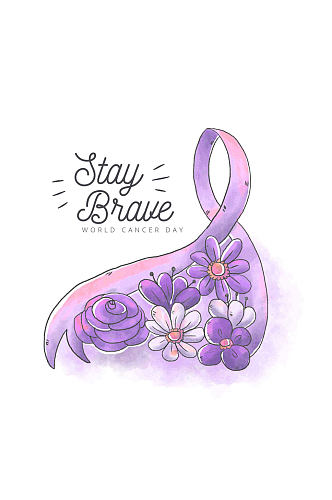 手绘世界癌症日紫色花卉丝带矢量图