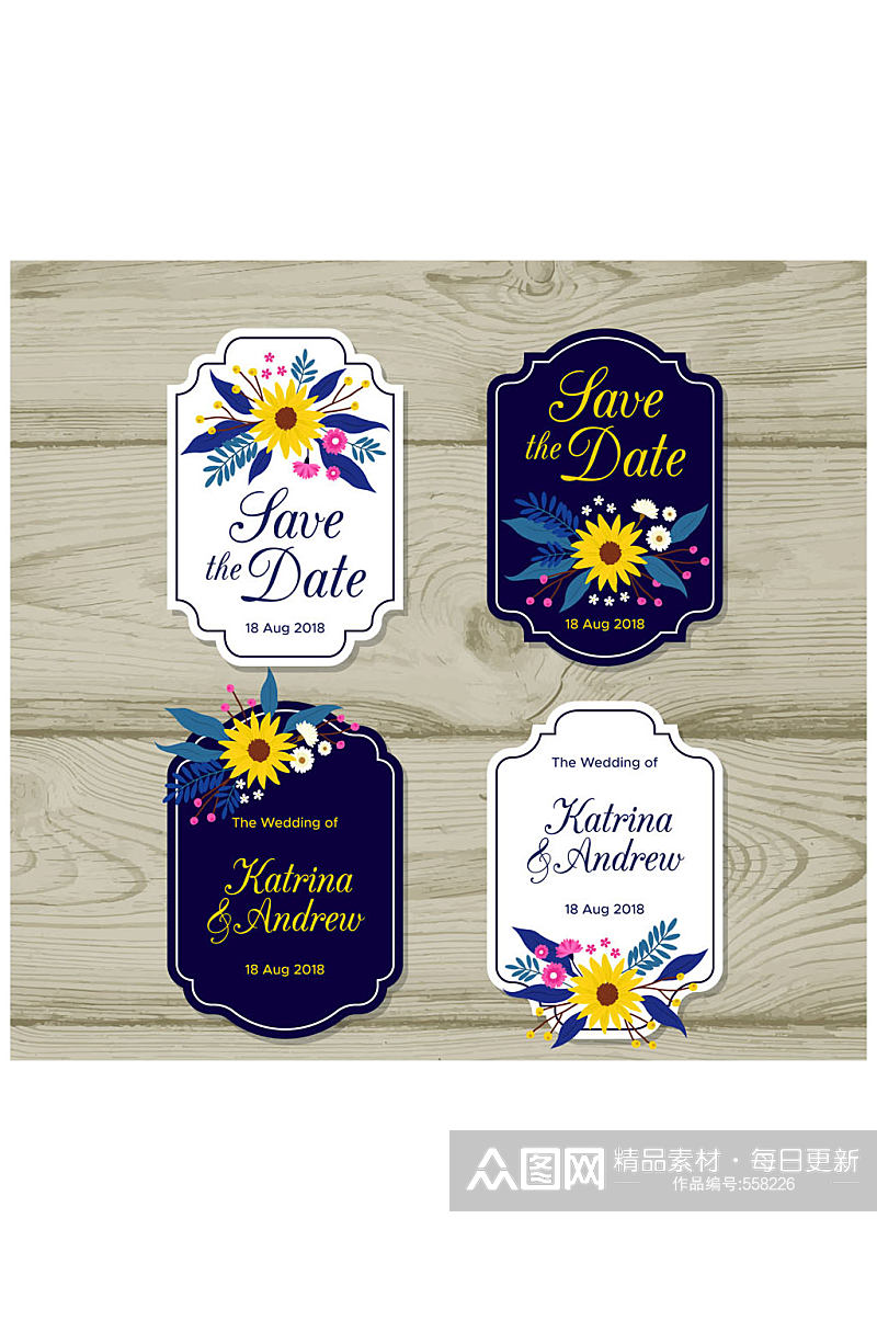 4款创意婚礼花卉标签矢量素材素材