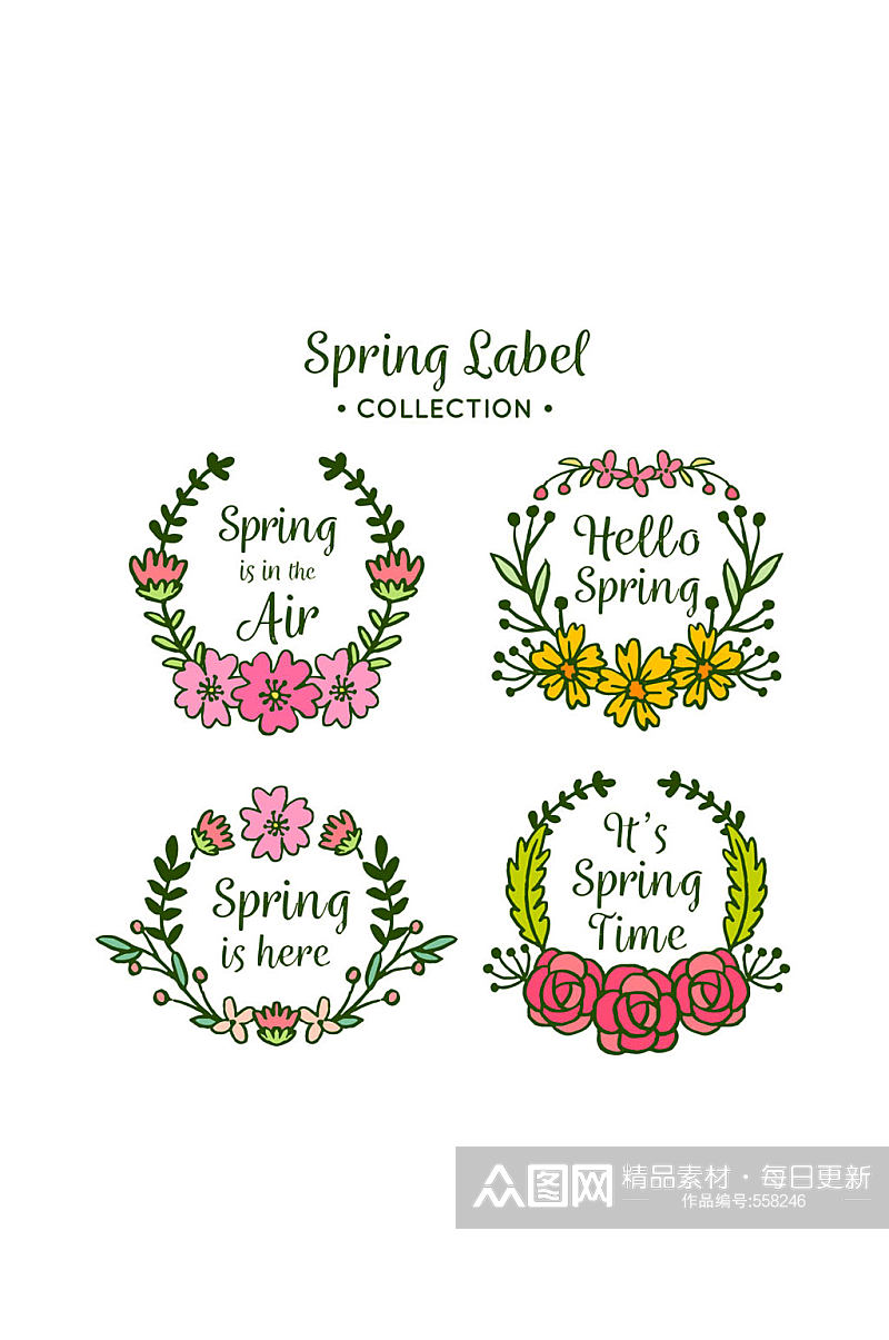 4款手绘春季花卉标签矢量图素材