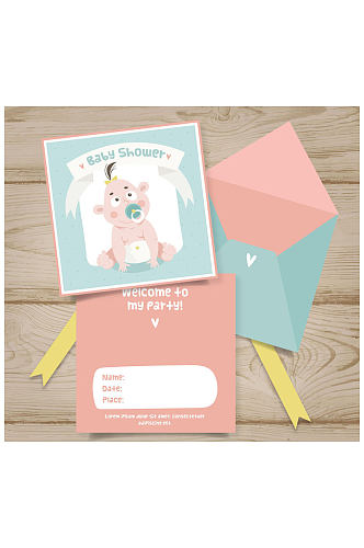 可爱迎婴派对邀请卡和信封矢量图