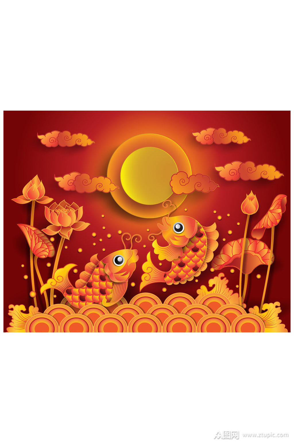 创意鲤鱼和荷花剪贴画矢量素材