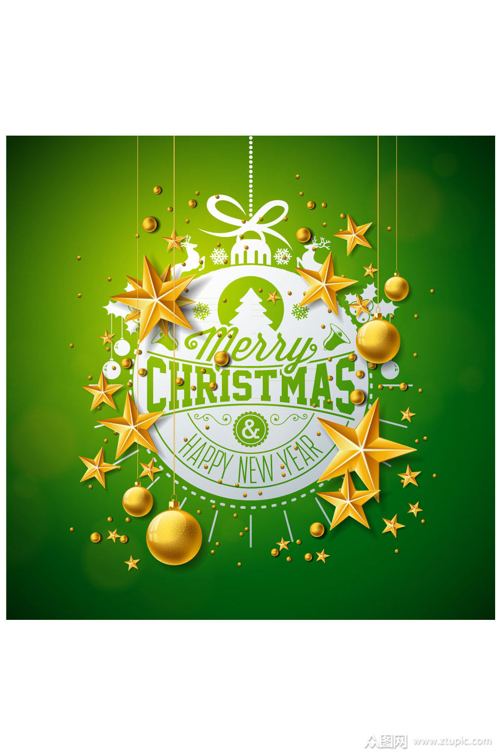 金色星星装饰绿色圣诞贺卡矢量图模板下载-编号558371-众图网