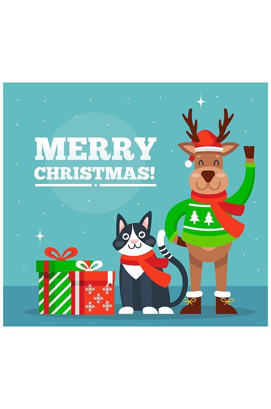 可爱圣诞驯鹿和黑色猫咪矢量图