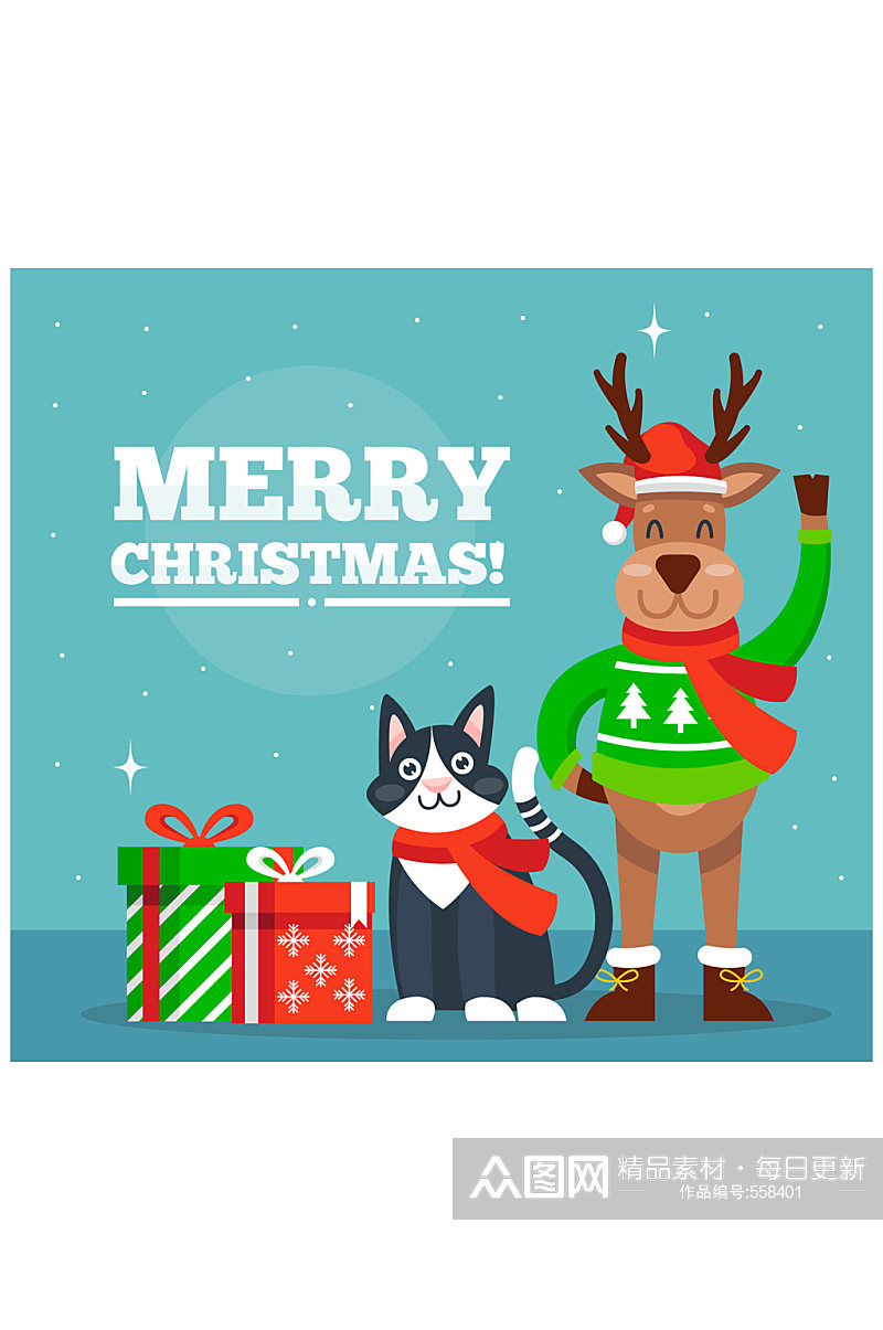 可爱圣诞驯鹿和黑色猫咪矢量图素材