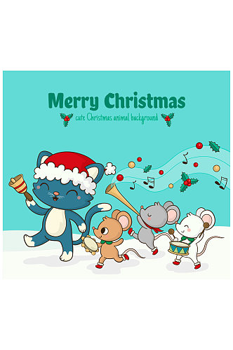 可爱圣诞演奏的猫和老鼠矢量图