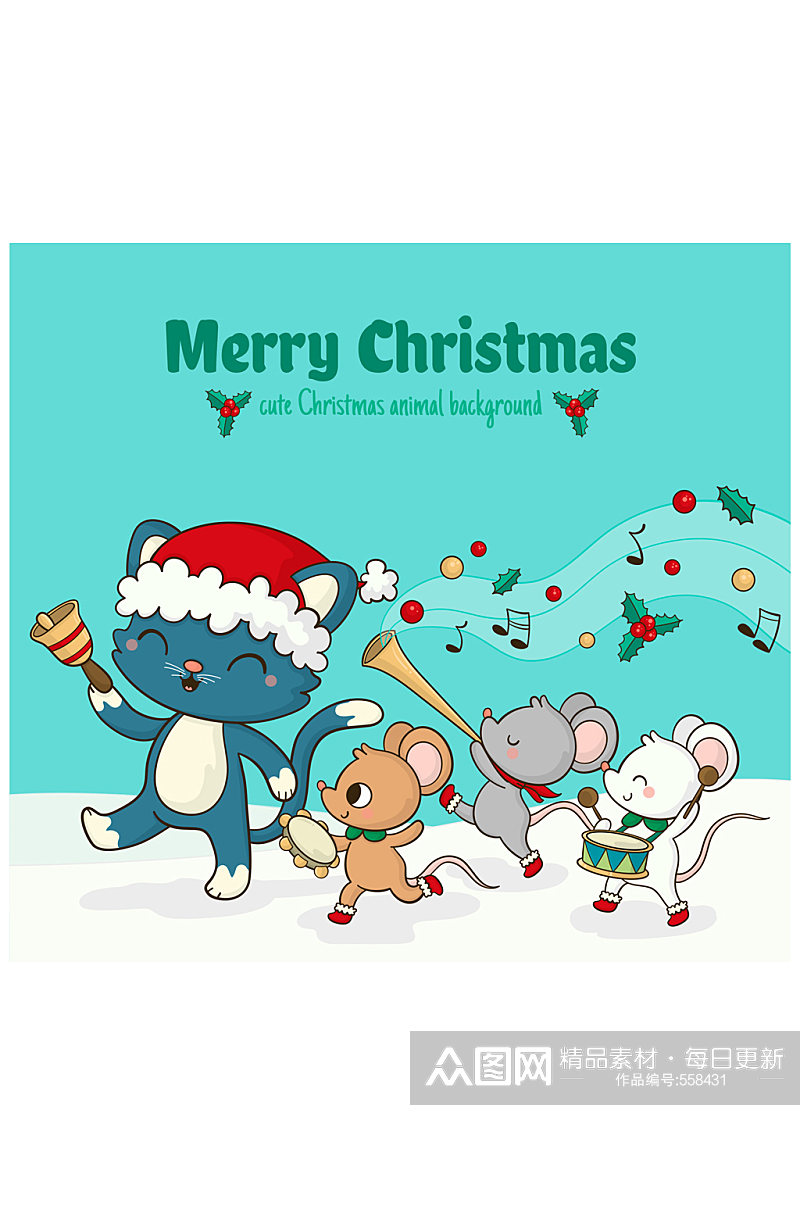 可爱圣诞演奏的猫和老鼠矢量图素材