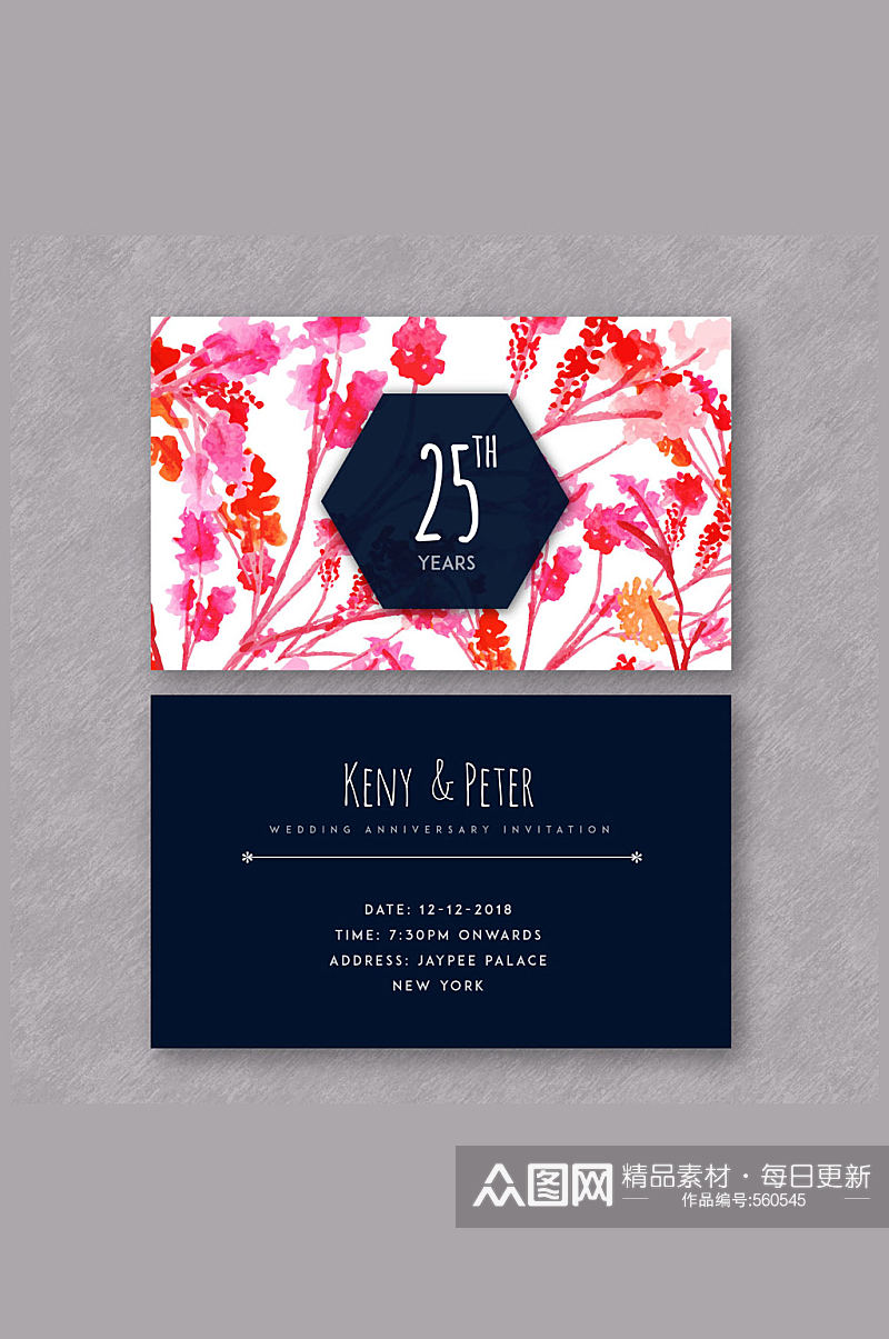 彩绘花卉结婚纪念日卡片正反面矢量图素材