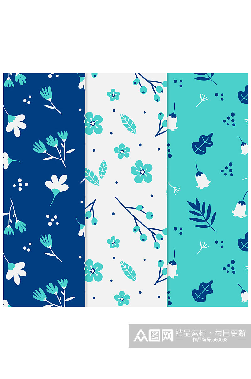 3款蓝色和绿色花卉树叶无缝背景矢量图素材